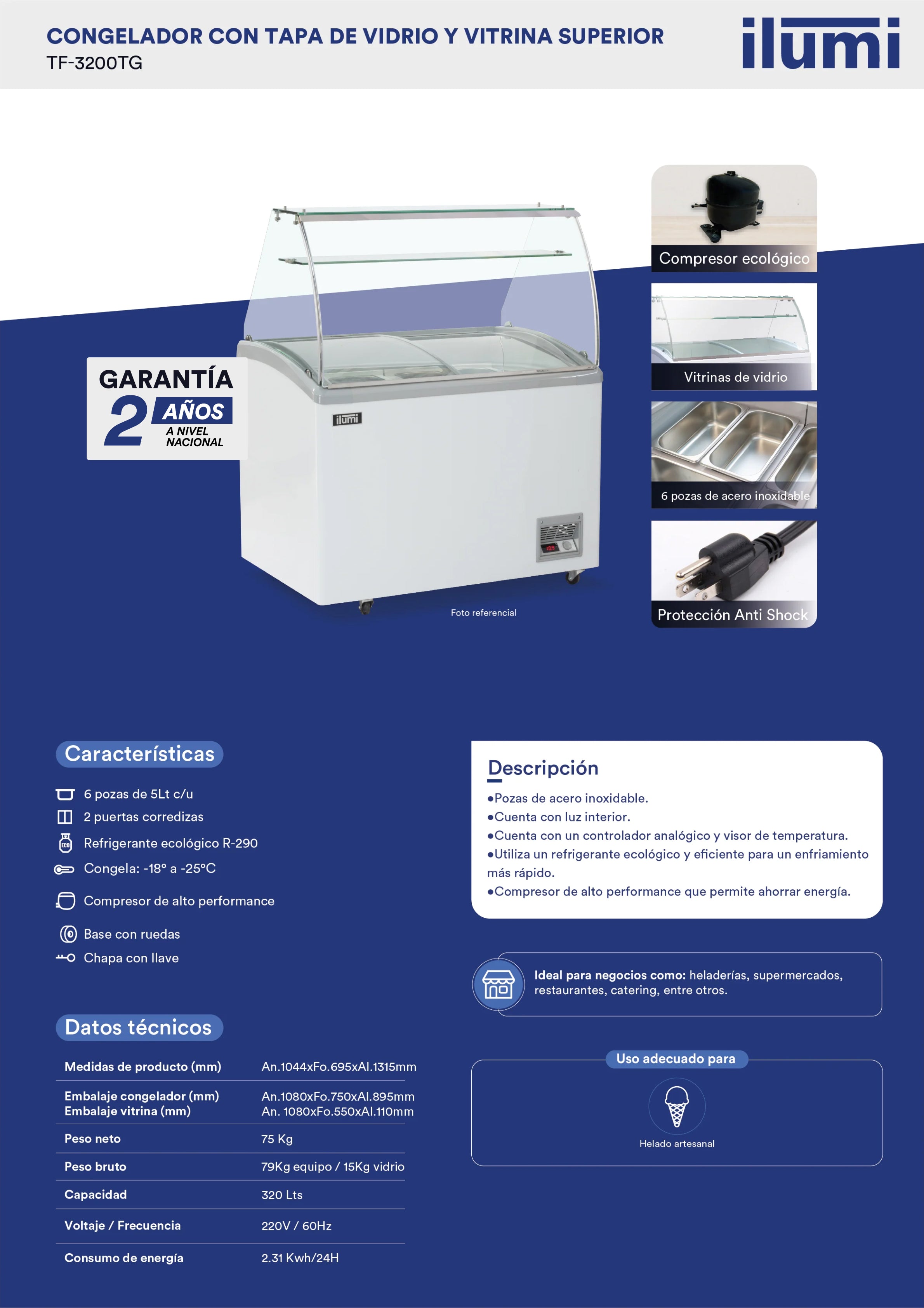 Congelador de 320 litros con vitrina y 6 pozas, modelo TF-3200TG