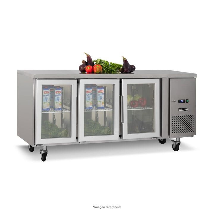 Mesa refrigerada de 420 litros con 3 puertas de vidrio