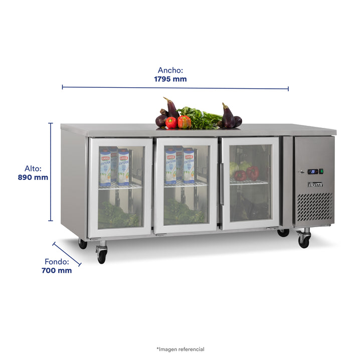 Mesa refrigerada con 3 puertas de vidrio
