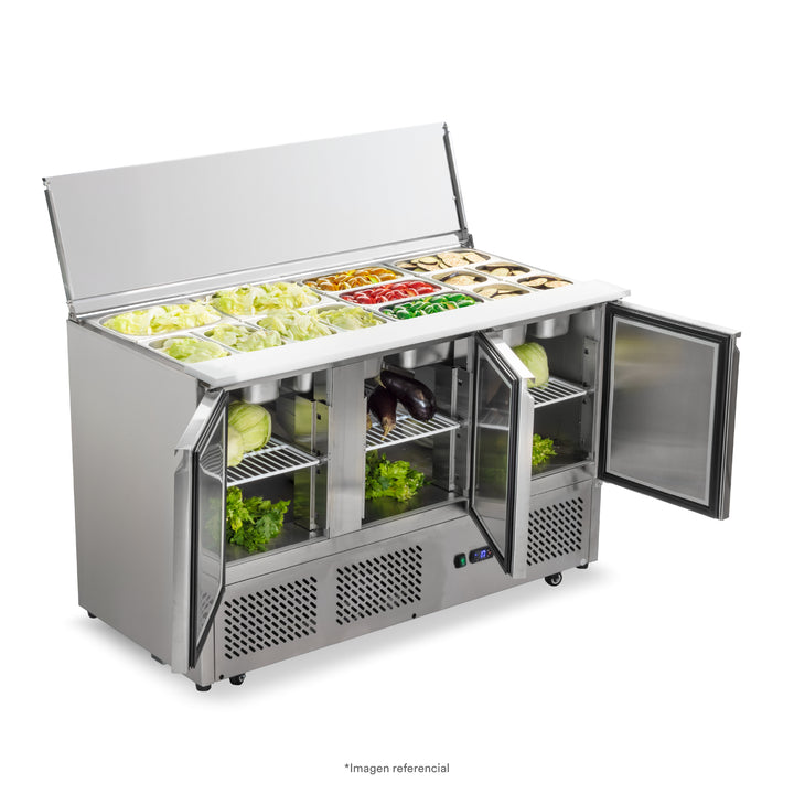 Mesa ensaladera refrigerada con 3 puertas sólidas